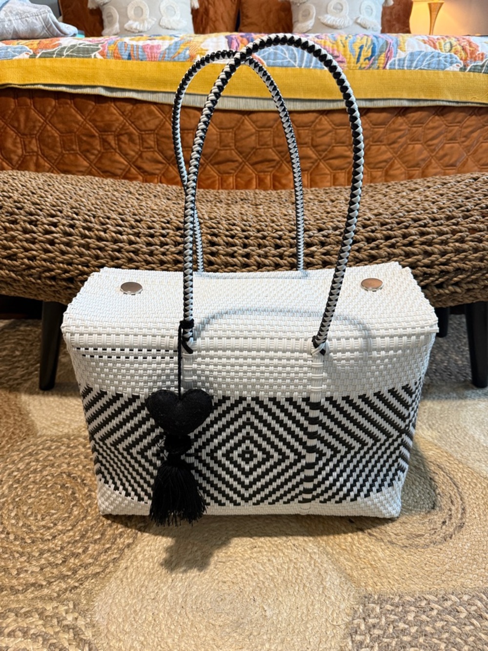 Woven Black & White Geometric Tote Bag with Heart Tassel